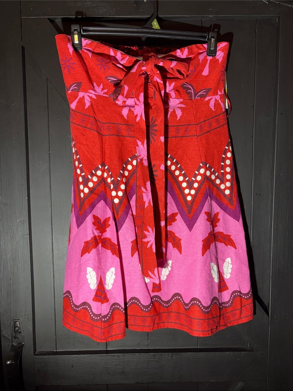 1. State Red and Pink Strapless Tie-Back Tropical Print Dress